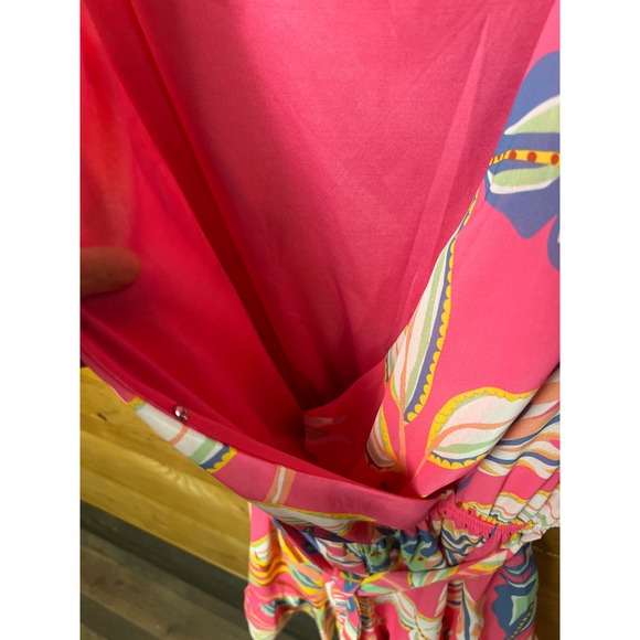 Flying Tomato‎ Pink Tropical Floral Wrap Romper Short Sleeve Tie Waist Cottage - Picture 8 of 10